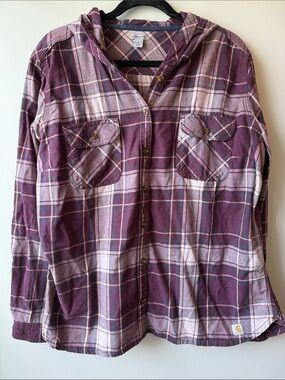Carhartt burgundy Plaid Hooded Button-Up Shirt all cotton see description